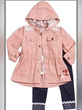 3pc Girls' Pink Hooded Floral-Trim Jacket Set